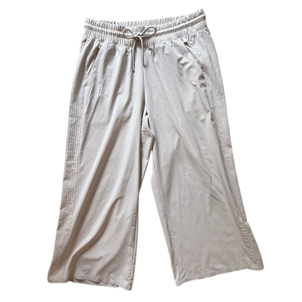 Athleta Avenue Wide Leg Crop Pants 8P Petite Bone Beige Drawstring Quick Dry